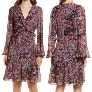 JULIA JORDAN Size 12 Navy/Maroon Floral Ruffled Bell Sleeve Knee Length …